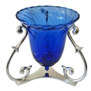 Partylite Cobalt Blue Soliloquy Candleholder 6" glass metal tealight votive hold
